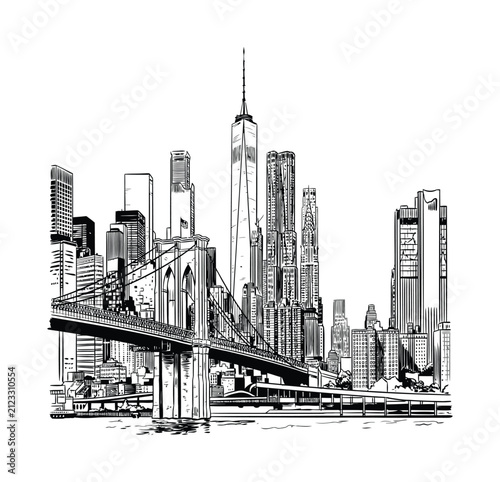 ニューヨーク市のスカイラインとブルックリン橋の手描き
