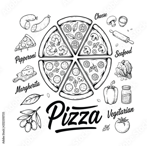 食材とスライスを使った手描きのピザ
