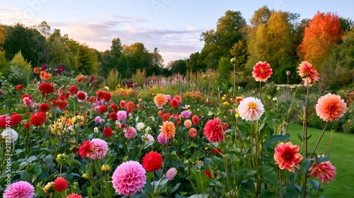 Dahlias blooming in a colorful autumn garden landscape