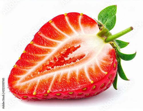 Fresh Cut Strawberry Cross Section on White Background