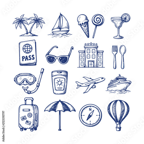 夏休みに向けた手描きの旅行と休暇セット