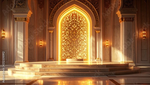 An ornate golden archway with intricate patterns glows warmly inside a grand palace hall.