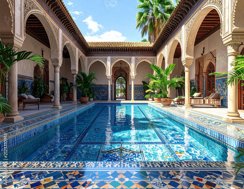 Luxurious Moorish Courtyard with Blue Tiled Pool and Palms