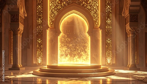 An ornate golden archway glows with warm light in a traditional middle eastern.