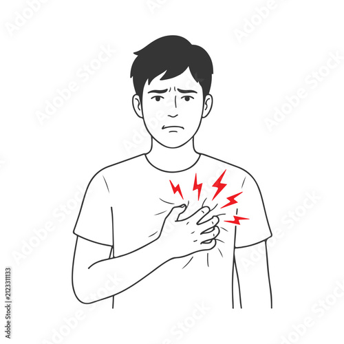 Man Having Heart Attack Or Chest Pain Line Art Vector Illustration Concept.