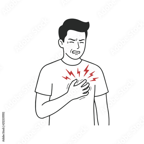 Man Having Heart Attack Or Chest Pain Line Art Vector Illustration Concept.