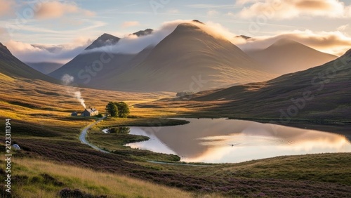 Serene valley lake reflects mountains, cottage emits smoke under hazy sky