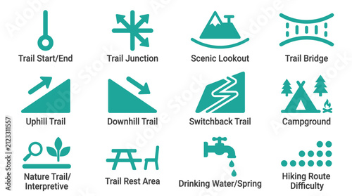 Bild auf Leinwand Set of 12 teal vector hiking map icons including trail junction, scenic lookout, campground, drinking water, uphill and downhill indicators, switchback paths, and route difficulty levels