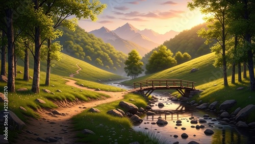 Serene valley scene winding path, bridge over stream, sunlight on hills