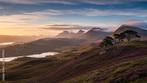 Highland hills covered in heather under a cloudy sky at sunrise/sunset