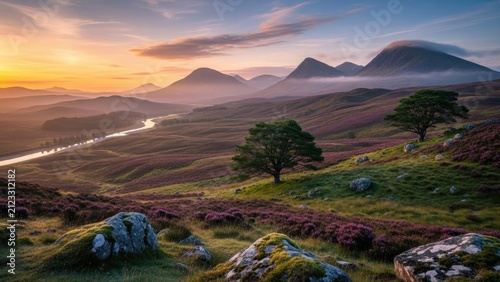 Highland scene with heather hills, trees, and mountains at dawn