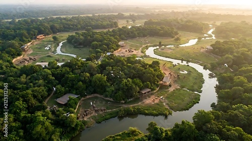 Aerial view of winding river in lush green landscape.