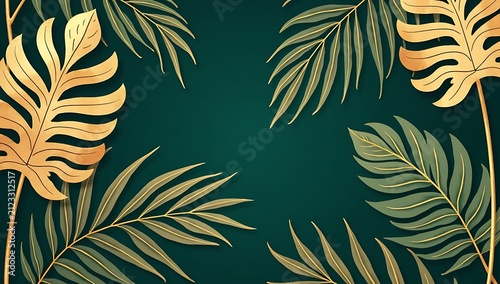 Elegant Tropical Foliage with Gold Accents on Dark Green Background.