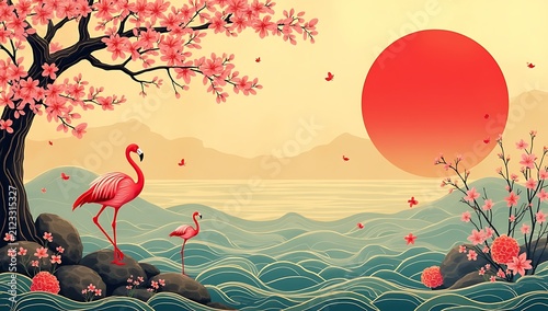 Serene Japanese Landscape with Cherry Blossoms and Flamingos at Sunset.