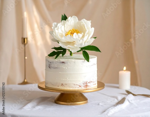 A semi-naked cake with white frosting and a large white flower on top sits on a gold cake stand