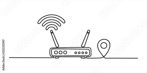 Continuous single line drawing of a wifi router with internet signal icon and a location pin representing wireless network connectivity and access points