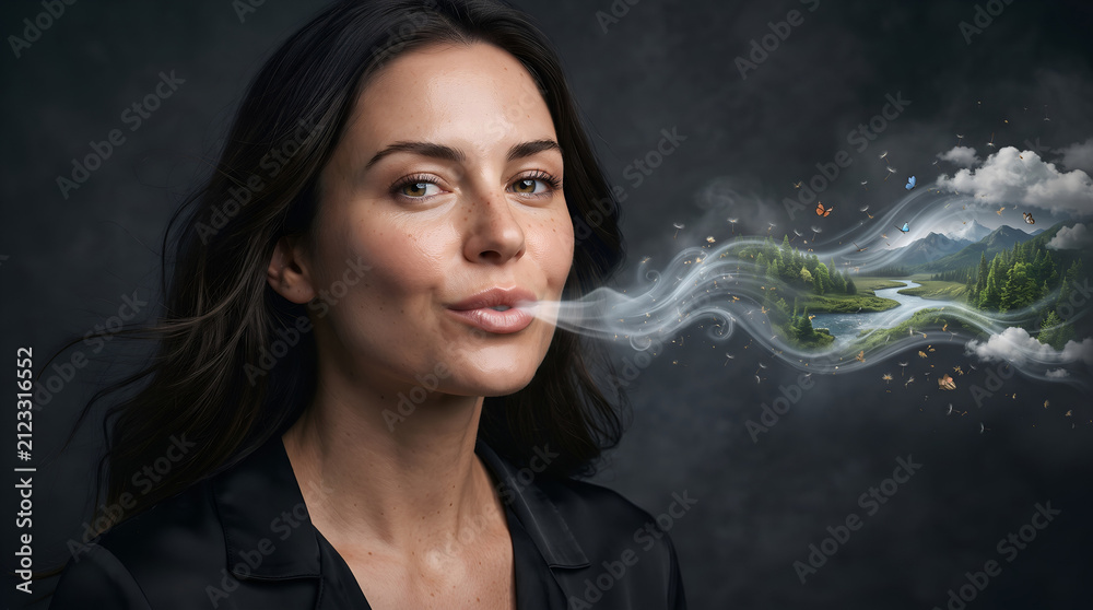 Fototapeta premium Conceptual Portrait of a Woman Whose Breath Transforms into Nature