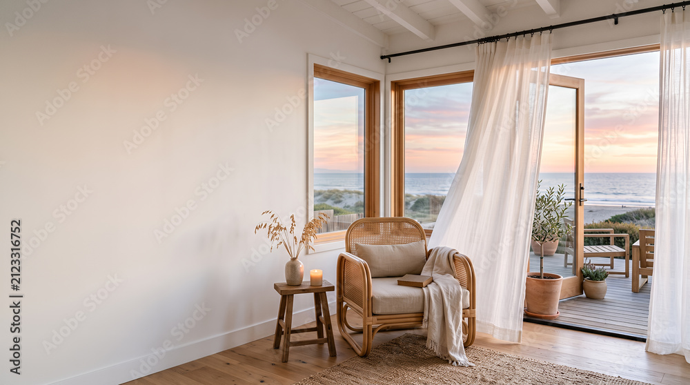 Fototapeta premium Coastal cottage corner with rattan armchair and beach sunset ocean view