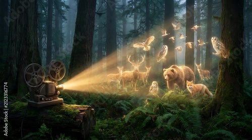 Antique projector casting light on animals in misty forest.