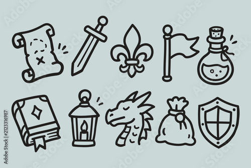 Medieval Fantasy Symbols Hand Drawn Doodle Vector Set with Sword, Treasure Map, Dragon, Magic Potion, Shield, Lantern, Flag, Spell Book and Heraldic Icons