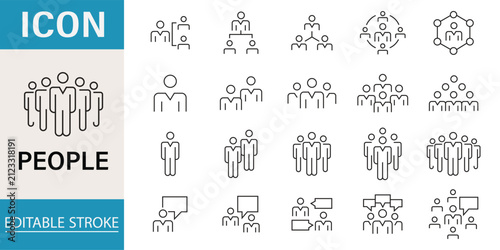 People line icons set. Person walking, running, happy man, company leader, friends hugs, team group, family minimal vector illustrations. Simple outline signs. 48x48 Pixel Perfect. Editable Stroke