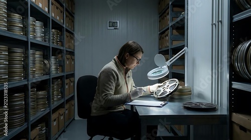 Archivist inspecting vintage film reels in storage room.
