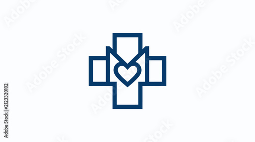 A simple blue medical cross icon featuring a central heart shape