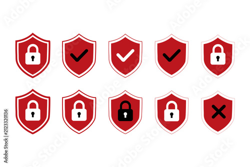 
Shield icons collection for security protection and safety system design elements set on transparent grid
