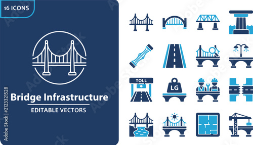 Bridge infrastructure and road construction icon set featuring suspension bridges, arch bridge, toll plaza, and engineering symbols