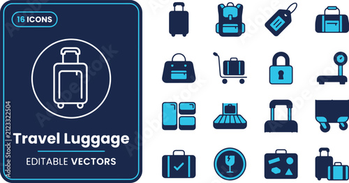 Travel luggage vector icons set featuring suitcases, baggage tags, backpacks, airport scale, conveyor belt, and travel equipment illustrations