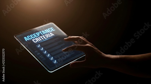 Professional hand reviewing digital checklist displaying acceptance criteria on sleek modern transparent tablet screen