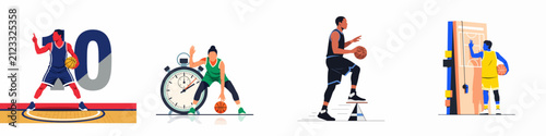 Canvas Print Vector illustrations of basketball players engaging in various training activities, including dribbling drills, time-based exercises, physical conditioning, and tactical strategy sessions