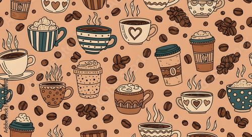 Coffee cups and kitchen utensils seamless pattern. Retro coffeehouse decor with vintage mugs and spoons in warm brown tones.