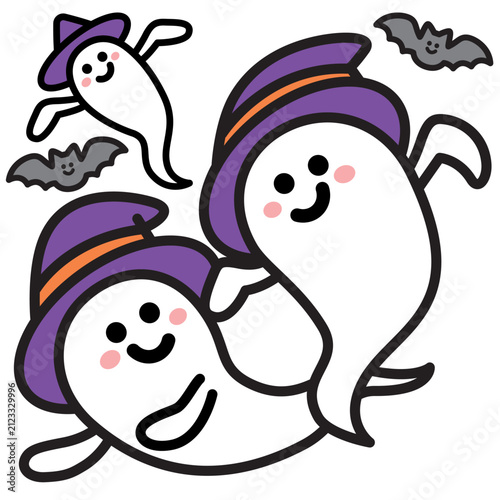 空飛ぶおばけと笑顔のコウモリ ハロウィンのキャラクターイラスト