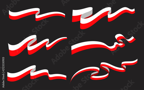 Ribbons featuring the red and white national colors of Poland are arranged in a collection of dynamic waving shapes on a black background.