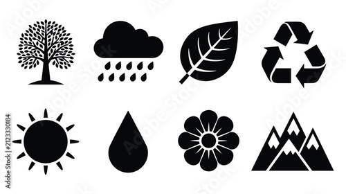 Nature icon solid set representing ecological and weather elements