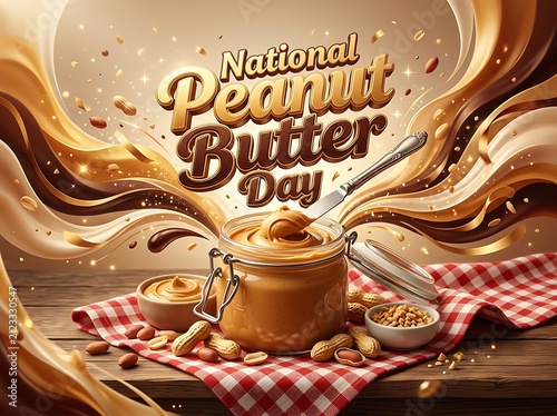 National peanut butter day celebration with a glass jar of creamy peanut butter and swirling liquid textures
