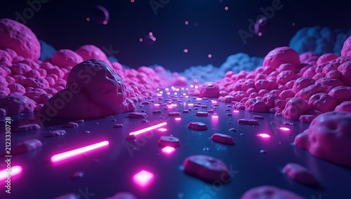 Futuristic Landscape with Neon Lights and Abstract Forms.