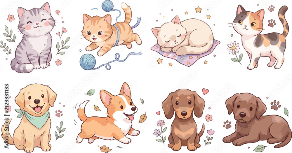 Obraz premium Cute Watercolor Kittens and Puppies Sticker Set with Playful Little Baby Cats and Dogs