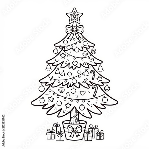 Christmas tree with gifts and ornaments coloring page
