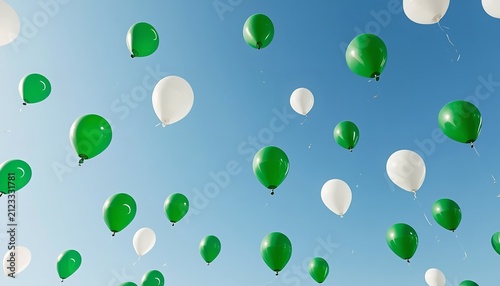 Green and white balloons floating against a clear blue sky