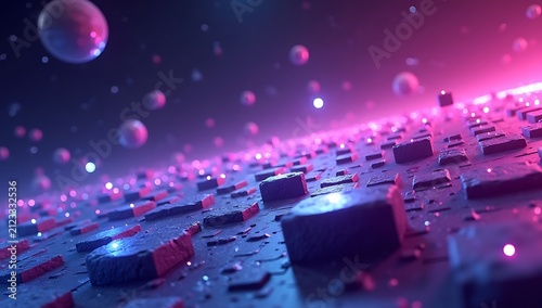 Abstract Digital Landscape with Floating Spheres and Geometric Shapes.