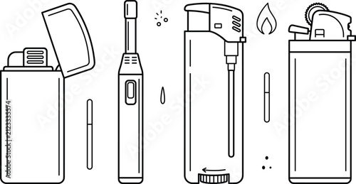Принти на полотні Cigarette lighter line art vector icons set featuring classic metal flip top gas and electric kitchen fire lighters