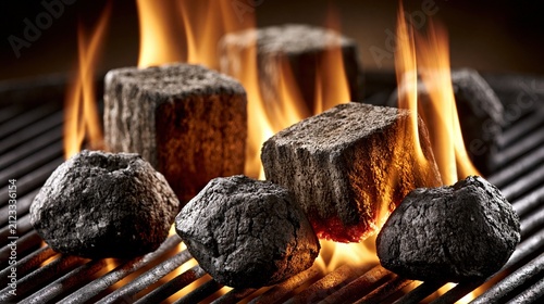 Glowing embers and flames ignite charcoal briquettes on a metal grill grate.
