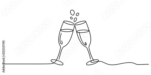 Foto Continuous single line drawing of two champagne glasses clinking together for ce