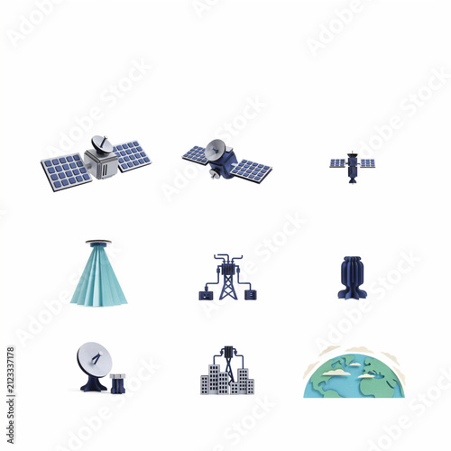 Modern Space Technology and Global Communication Icons Set Featuring Orbiting Satellites and Network Infrastructure Elements