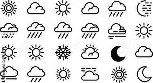 Weather icon graphic set line elements black white forecast symbols