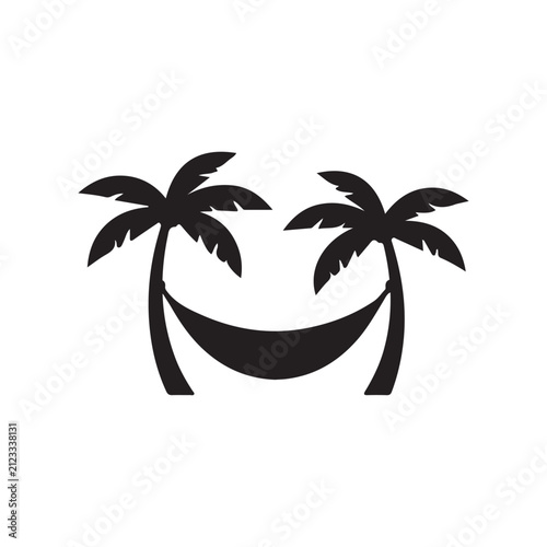 a black icon of a hammock for relaxation, between palm trees on a white background