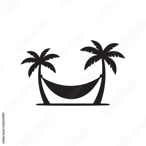 a black icon of a hammock for relaxation, between palm trees on a white background