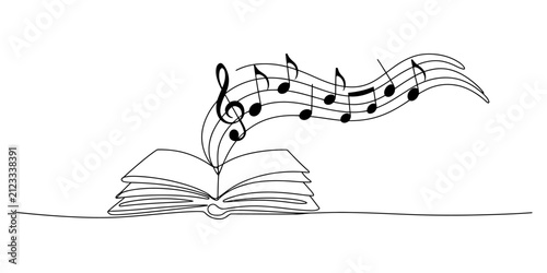 Open book with musical notes floating out in a black and white line drawing